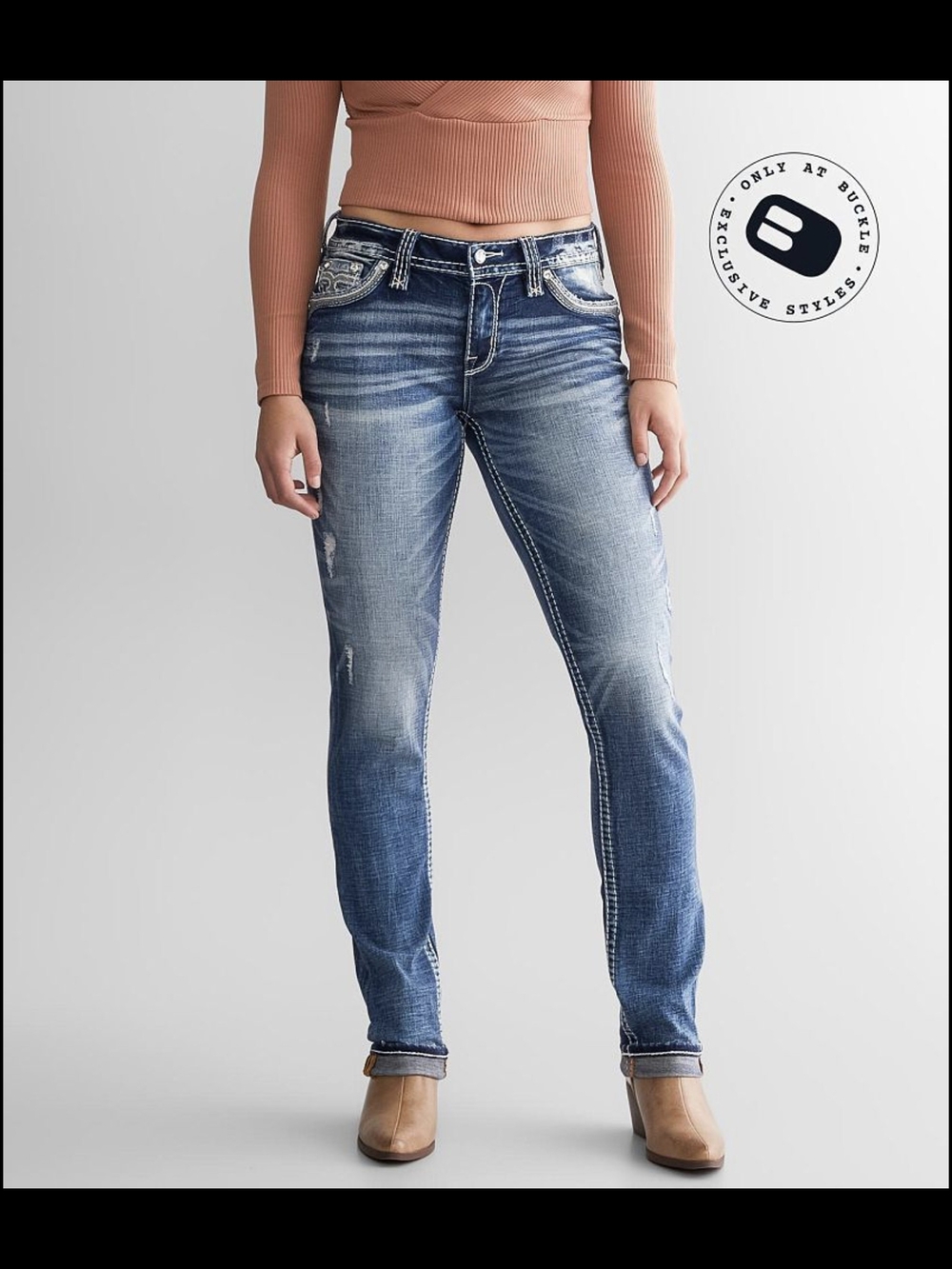 New Women’s Rock Revival Mid-Rise Easy Straight Cyrus Stretch Jeans Sz 30/32